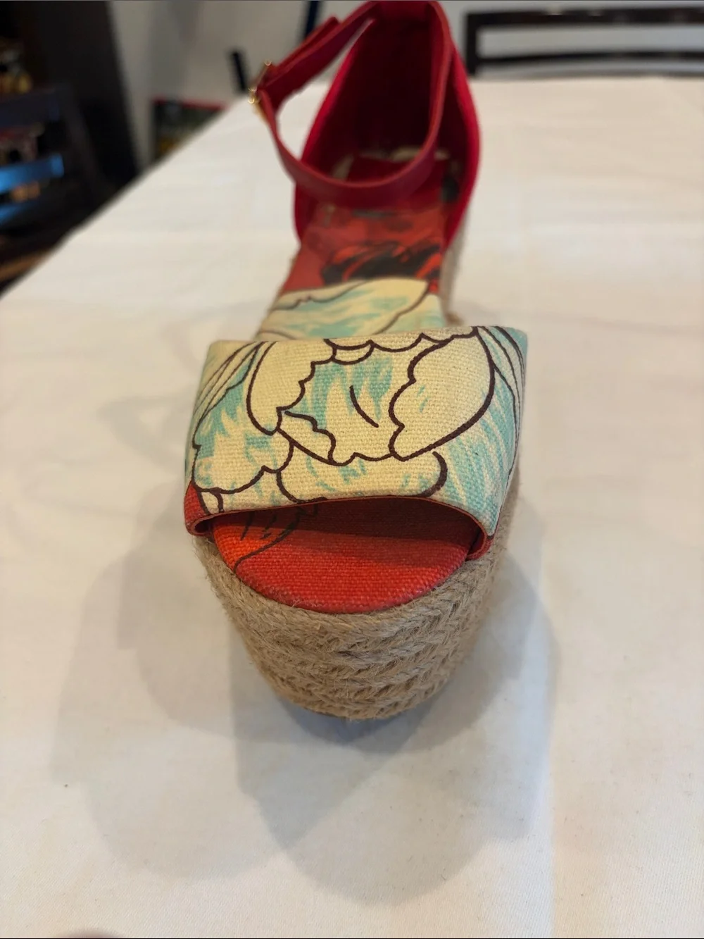 Tory Burch Red Floral Espadrille Wedge Sandals - Women Sz 8.5